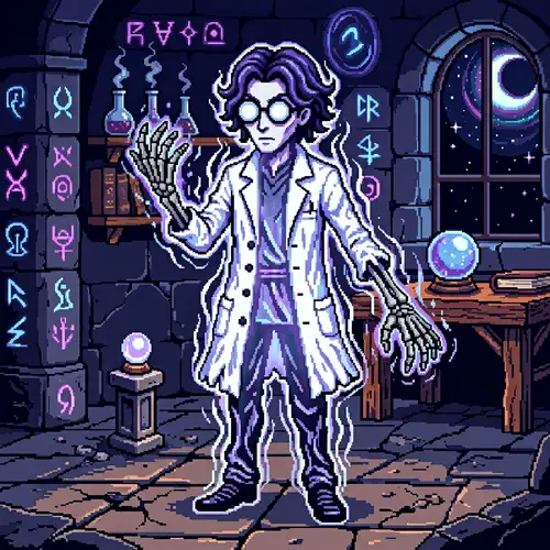 8-Bit Mystical Video Game Character in White Lab Coat | Artwork