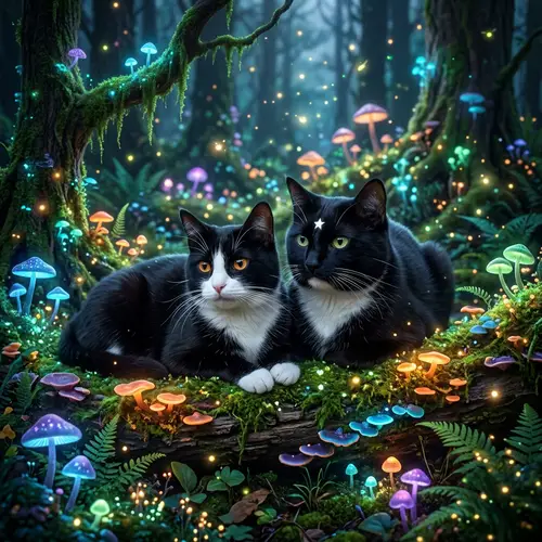 Magical Tuxedo Cats in Enchanted Forest
