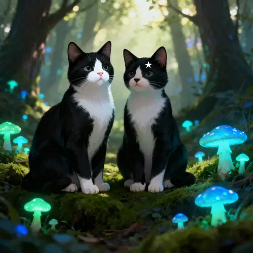 Magical Tuxedo Cats in Enchanted Forest