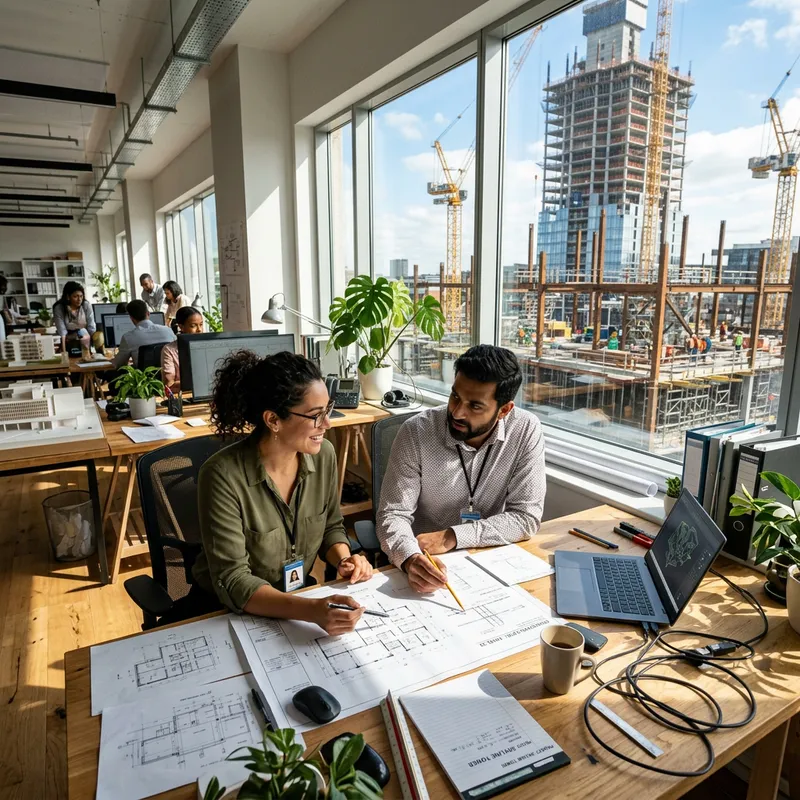 Vibrant Office Scene with Diverse Employees and Building Construction