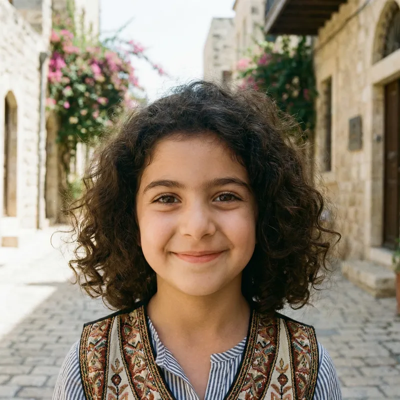 Medium Length Curly Hair Girl of Middle-Eastern Descent | Brown Eyes & Button Nose.