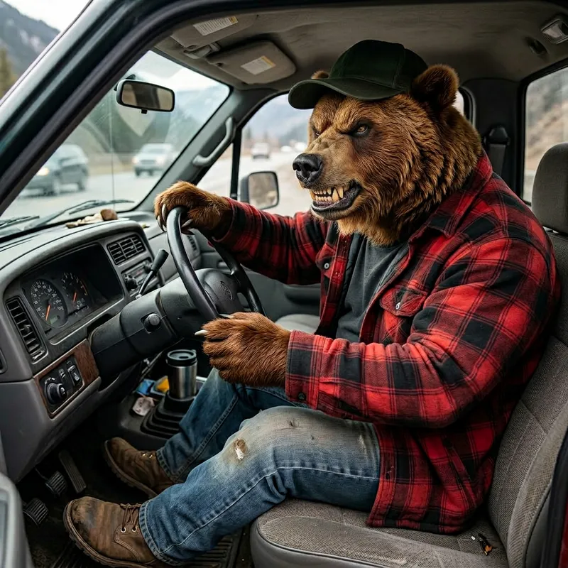 Angry Anthro Grizzly Bear Driving a Truck