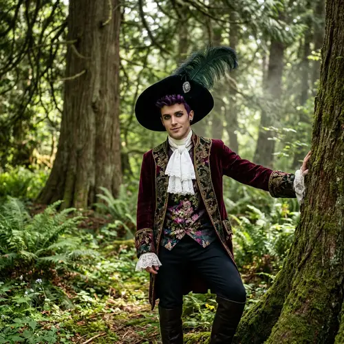 Charismatic Young Man with Flamboyant Style in Lush Forest
