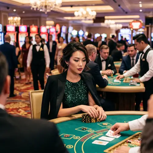 Stylish Asian Woman in Busy Casino Scene