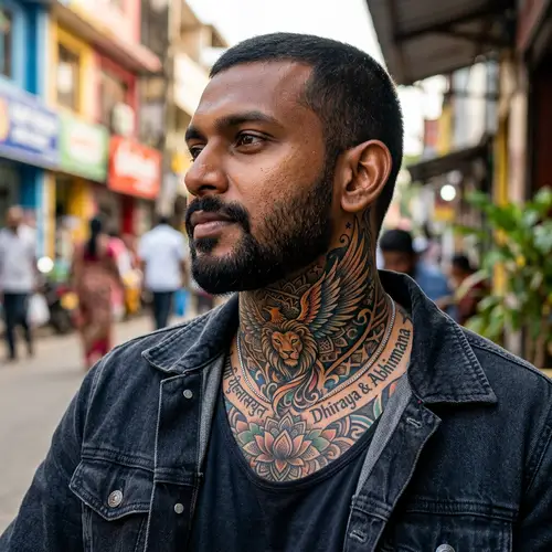 Intricate South Asian Male Neck Tattoo Design