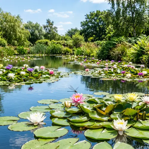 Tranquil Pond with Beautiful Water Lilies and Dragonfly