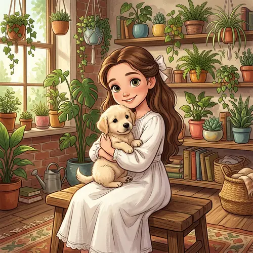 Fantastical Anime-Style Artwork of Girl with Brown Hair and Puppy