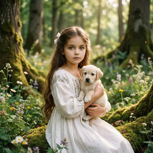 Fairytale Girl with Long Brown Hair and Puppy in Lush Greenery