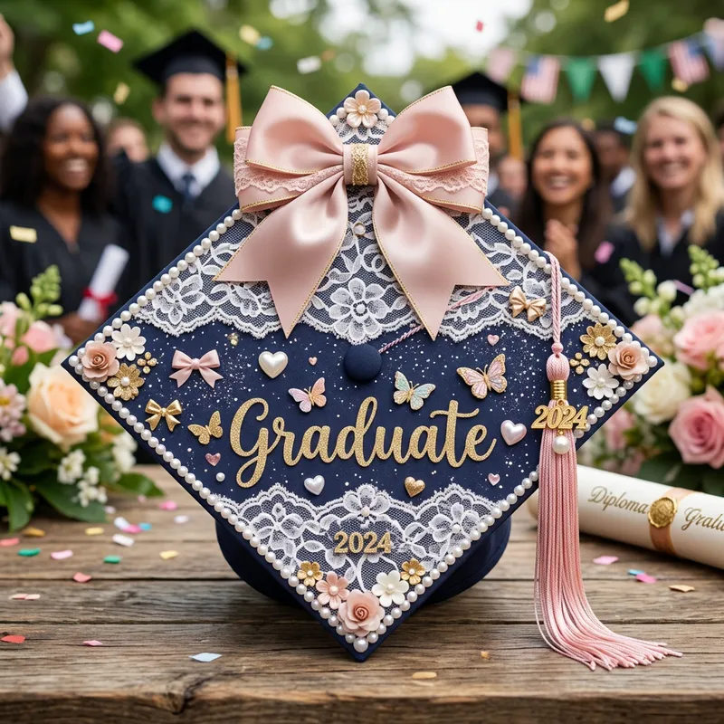 Girly Graduation Cap Decorated with Elegant Bow and Pastel Colors Girly Graduation Cap Decorated with Elegant Bow and Pastel Colors