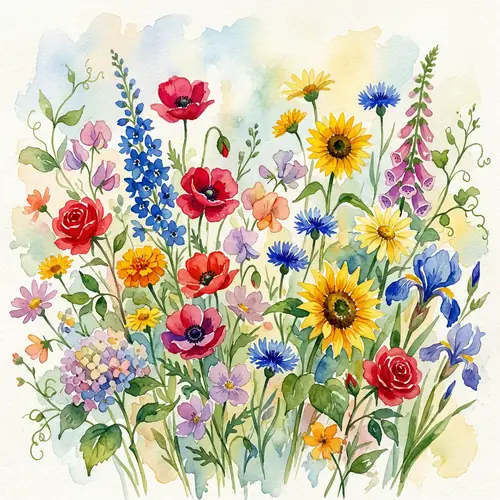 Vibrant Watercolor Floral Scene - Symphony of Natural Beauty