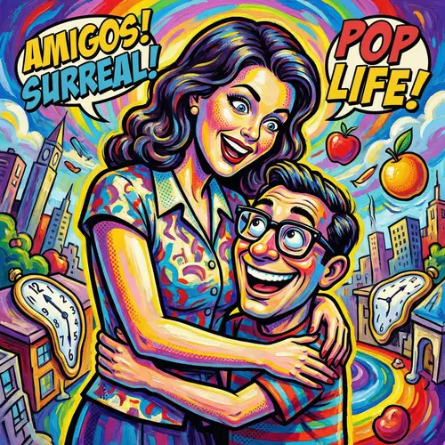 Colorful Surrealism and Pop Art Fusion: Tall Woman Embracing Small Man