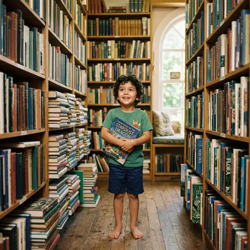 Young Boy Enthralled by Giant Book Stacks | Bookworm Adventure
