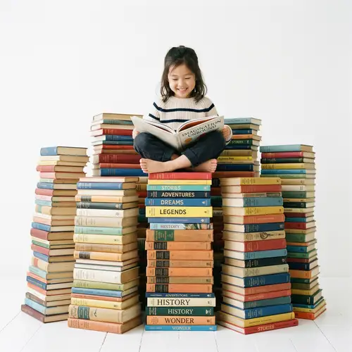 High Stacks of Colorful Books with Child Sitting - Minimalist Design