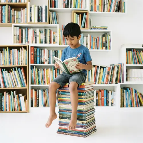 Kid Immersed in Reading on Colorful Books Shelves Background