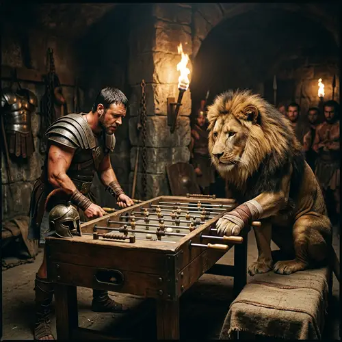 Gladiator vs Lion: Foosball Showdown - Epic Battle Scene