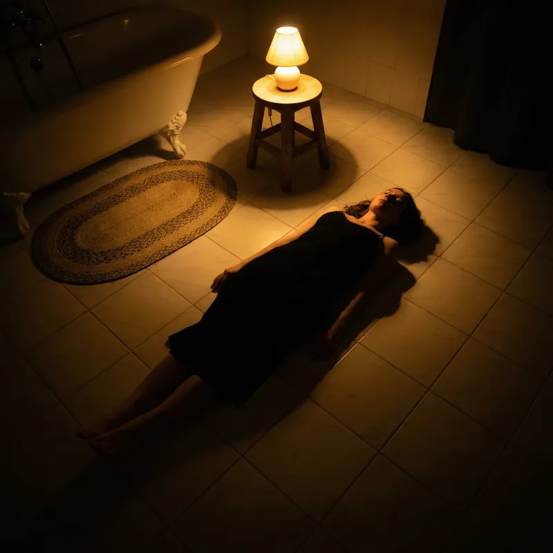 Top View Silhouette of Woman Lying on Bathroom Floor