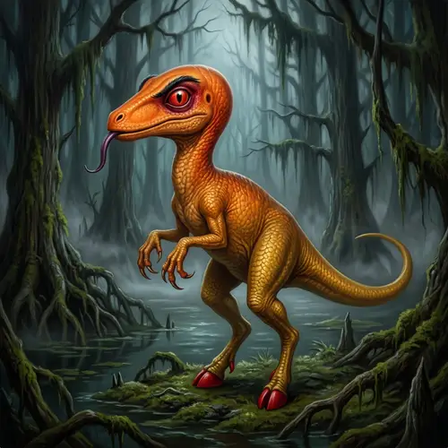 Terrifying Dinosaur-Like Monster in Dark Swamp - Surreal Fantasy Art