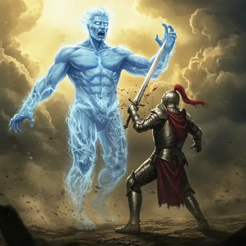 Blue God Defeated by Silver Knight