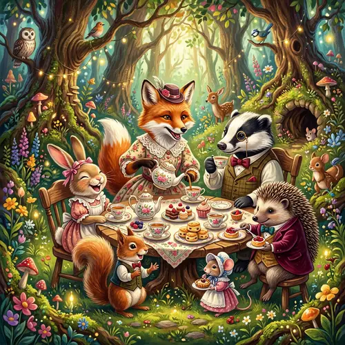 Whimsical Woodland Tea Party Art | Vibrant Storybook Style