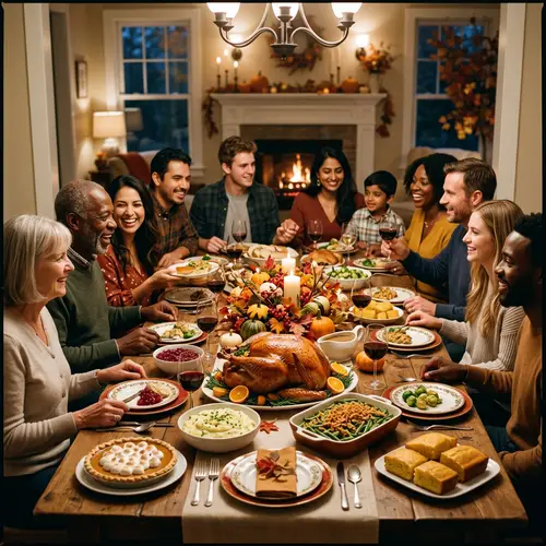 Thanksgiving Dinner Gathering with Diverse Guests | Intimate Festive Scene