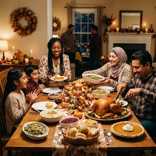Diverse American Thanksgiving Celebration with Traditional Feast