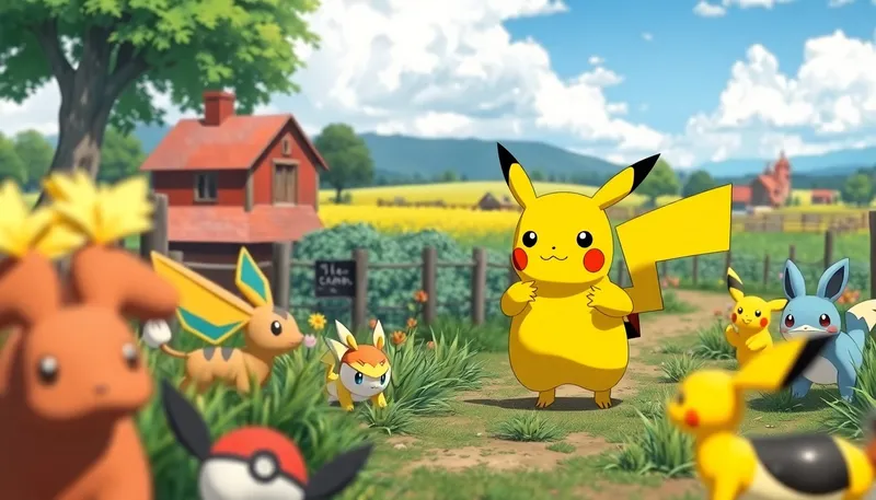 Realistic Pikachu on a Picturesque Pokémon Farm