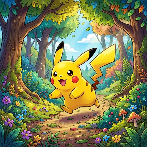 Pikachu in a Vibrant Cartoon Forest