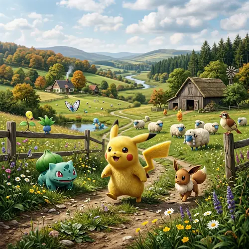 Realistic Pikachu on a Picturesque Pokémon Farm