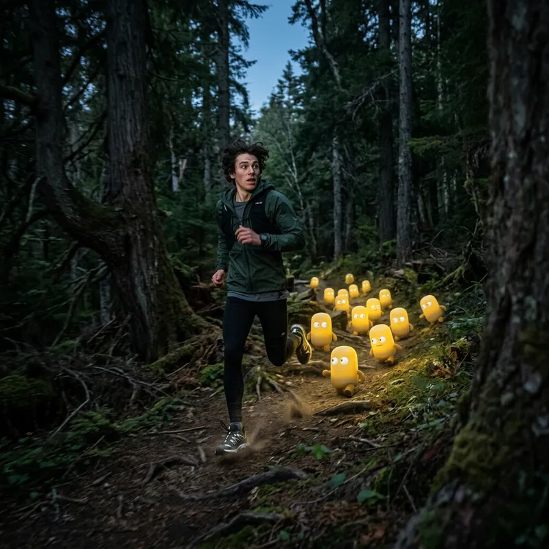 Nicholas Cage running through dark forest pursued by minions Nicholas Cage running through dark forest pursued by minions
