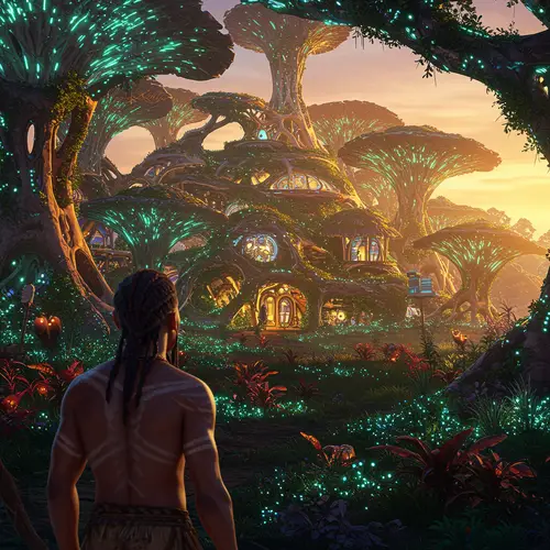 Futuristic Natural Village with African Warrior