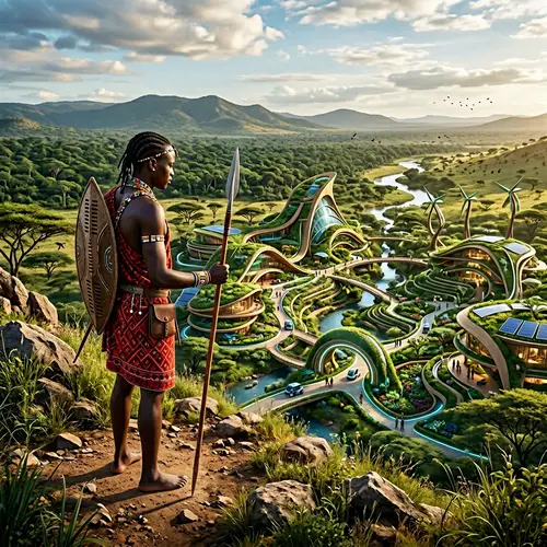 Futuristic Natural Village with African Warrior