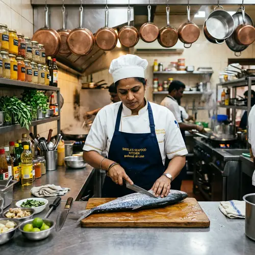 Professional South Indian Female Chef Cutting Fresh Fish