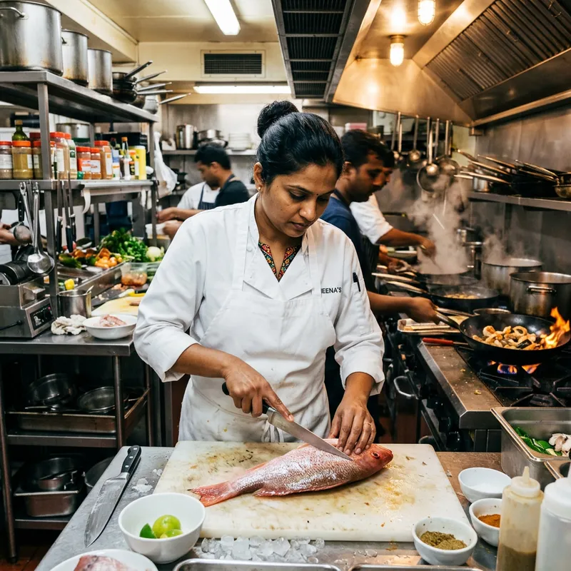 South Indian Female Chef Skillfully Filleting Fresh Fish South Indian Female Chef Skillfully Filleting Fresh Fish