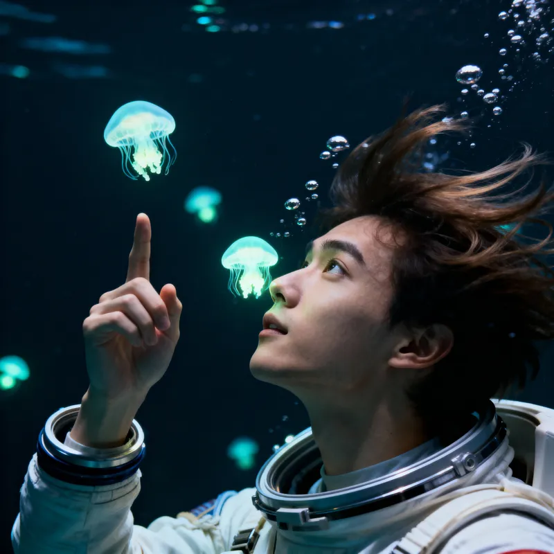 Underwater Astronaut Captivated by Jellyfish