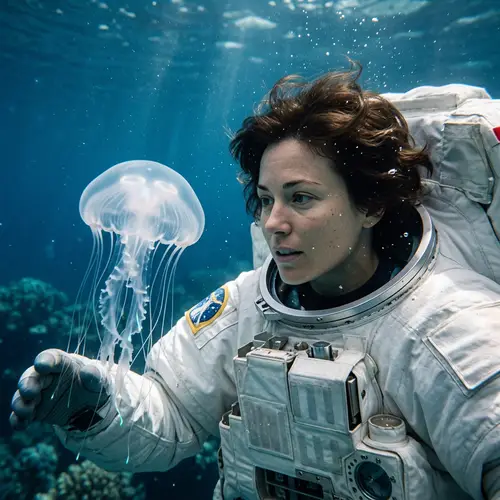Underwater Astronaut Captivated by Jellyfish