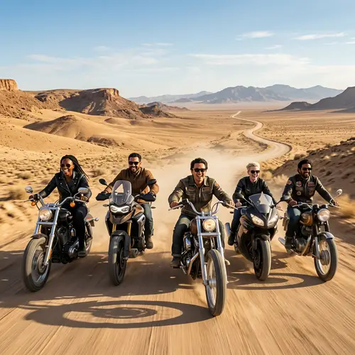 Diverse Group in Leather Jackets Revving Motorcycles in Desert Landscape