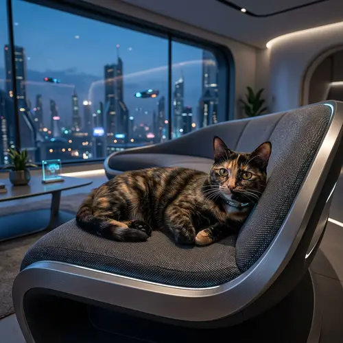 Futuristic Tortoiseshell Cat on Modern Sofa