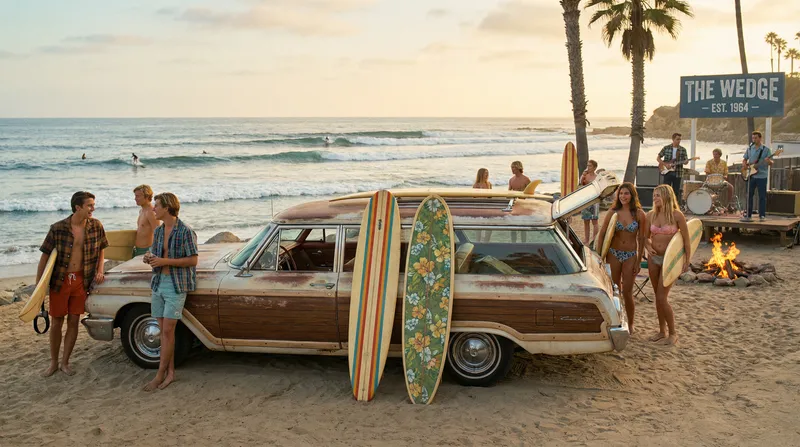 1960s California Beach Scene with Surf Wagon