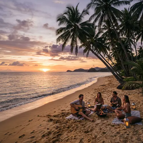 Tranquil Beach Evening: Ocean, Palms, Sun & Music