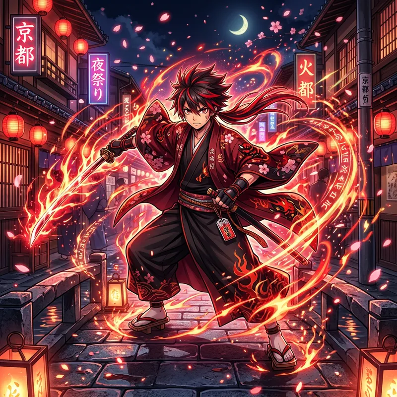 Anime-Style Boy in Red with Japanese Aesthetic & Effects Anime-Style Boy in Red with Japanese Aesthetic & Effects