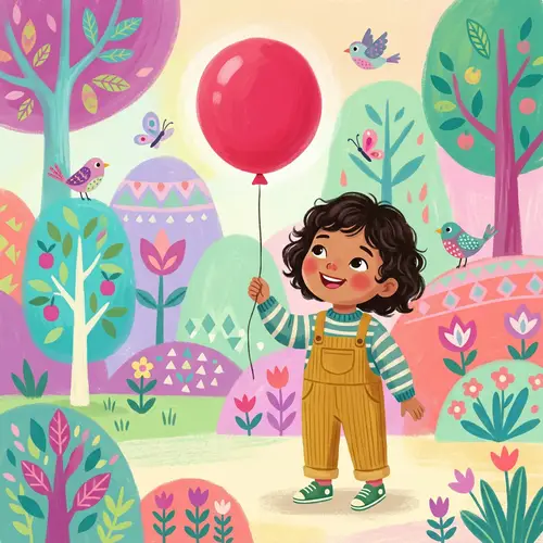 Whimsical Childhood Illustration with Vibrant Red Balloon