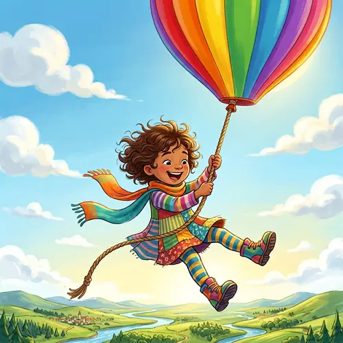 Colorful Gender-Neutral Child Floating with Giant Balloon
