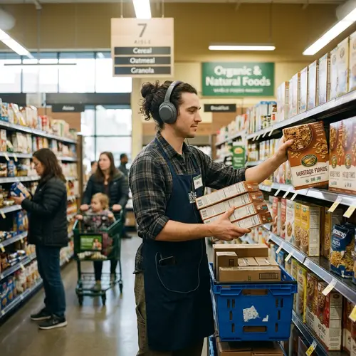 Man Working in Grocery Store Listening to Music