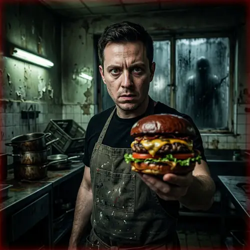 Chef with Burger in Horror Setting - Unique Thumbnail