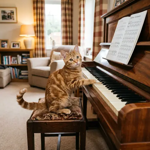 Curious Cat Playing Piano in Cozy Living Room