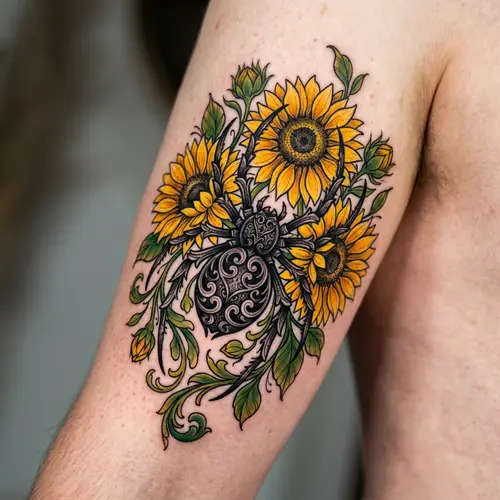 Gothic Spider Tattoo with Sunflowers Design