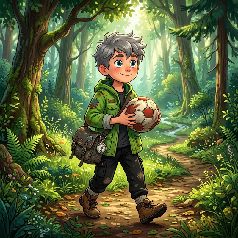 Adventurous Boy in Green Jacket Exploring Forest