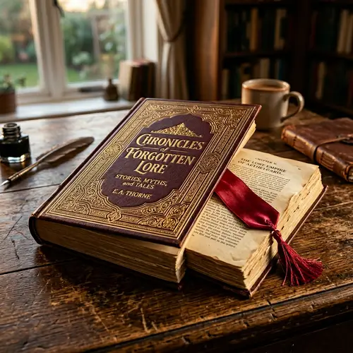 Intricately Detailed Hardcover Book on Vintage Wooden Table