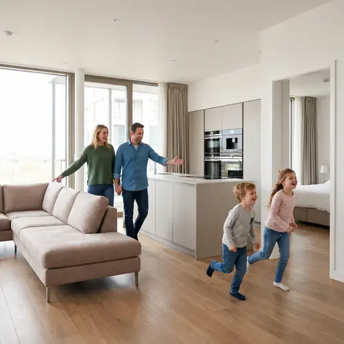 Modern Apartment Joy: White Couple & 2 Diverse Kids