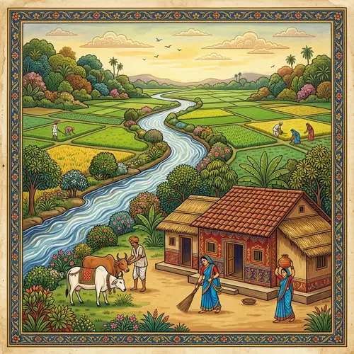 Serene Rural Scene in India | Traditional Indian Art